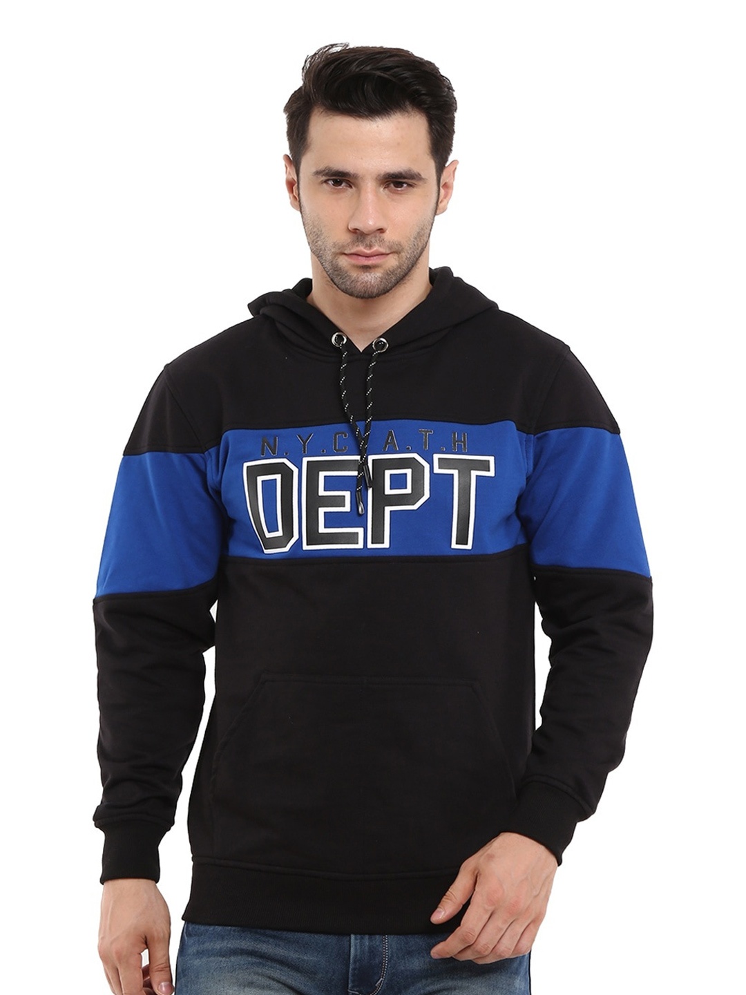 

V-Mart Men Black & Blue Printed Hooded Sweatshirt