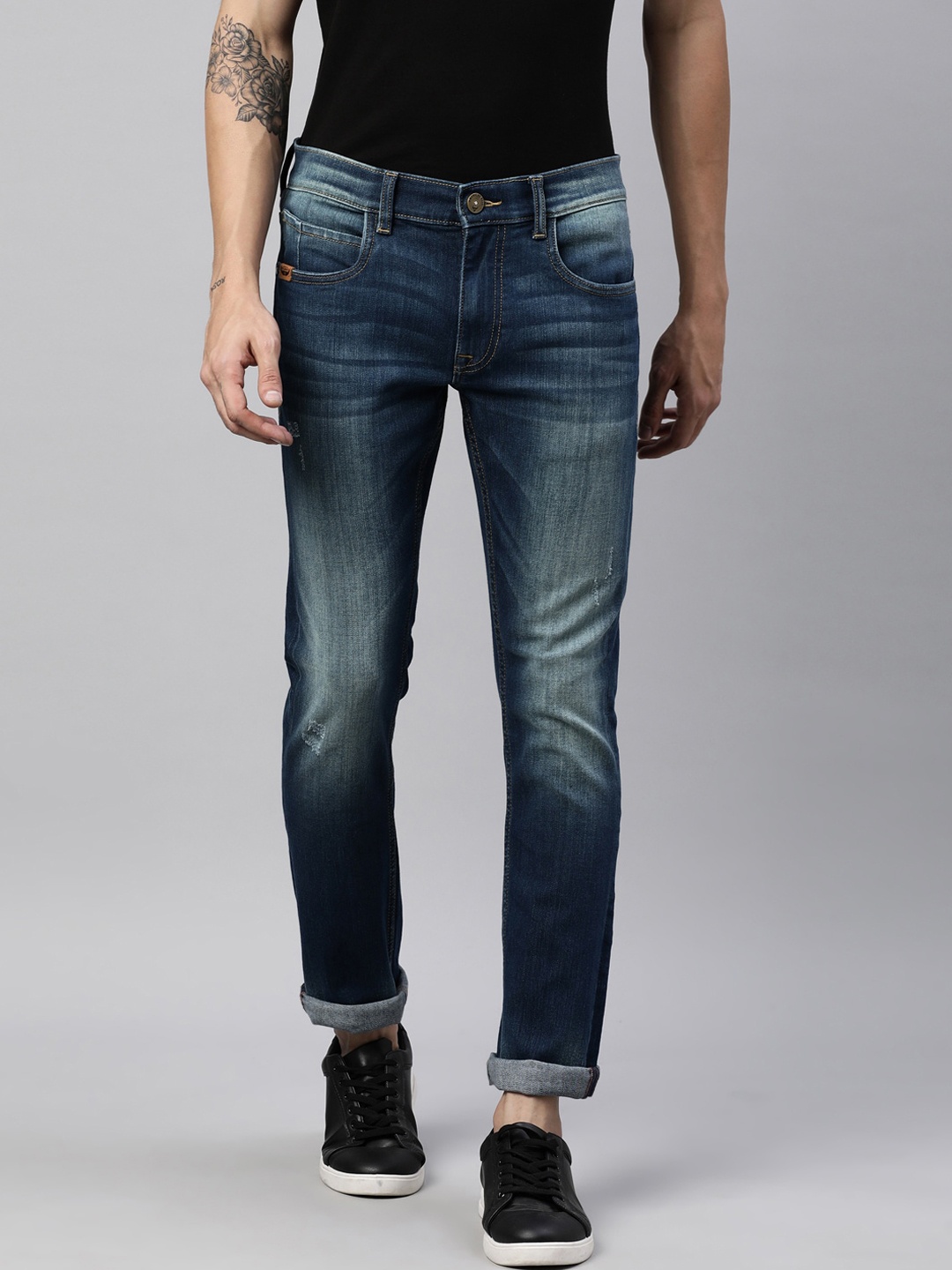 

American Bull Men Blue Skinny Fit Low Distress Light Fade Stretchable Jeans
