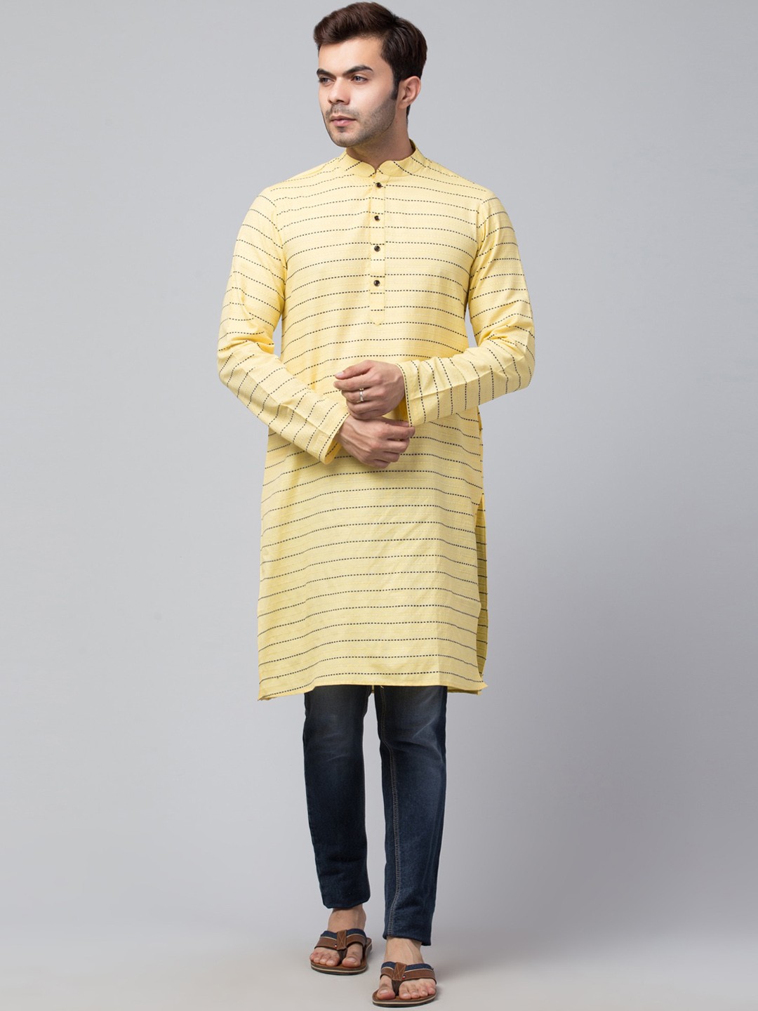 

Waahiba Men Mustard Yellow Striped Handloom Kurta