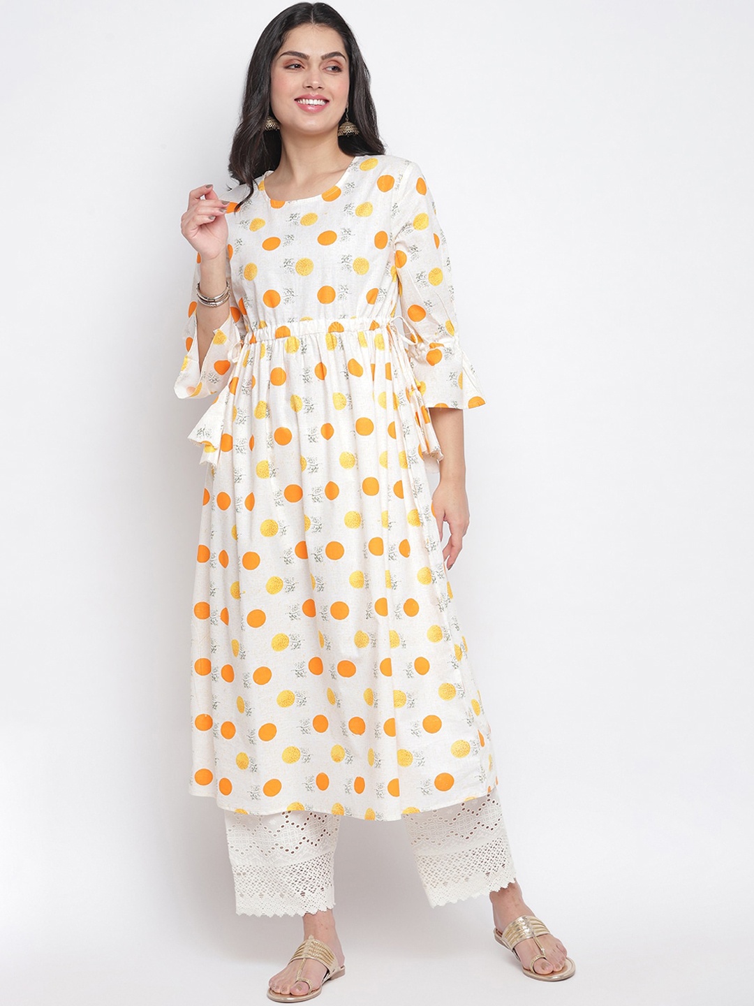 

Lagashi Women Multicoloured Floral Printed Cold-Shoulder Sleeves Thread Work Kurta, Multi
