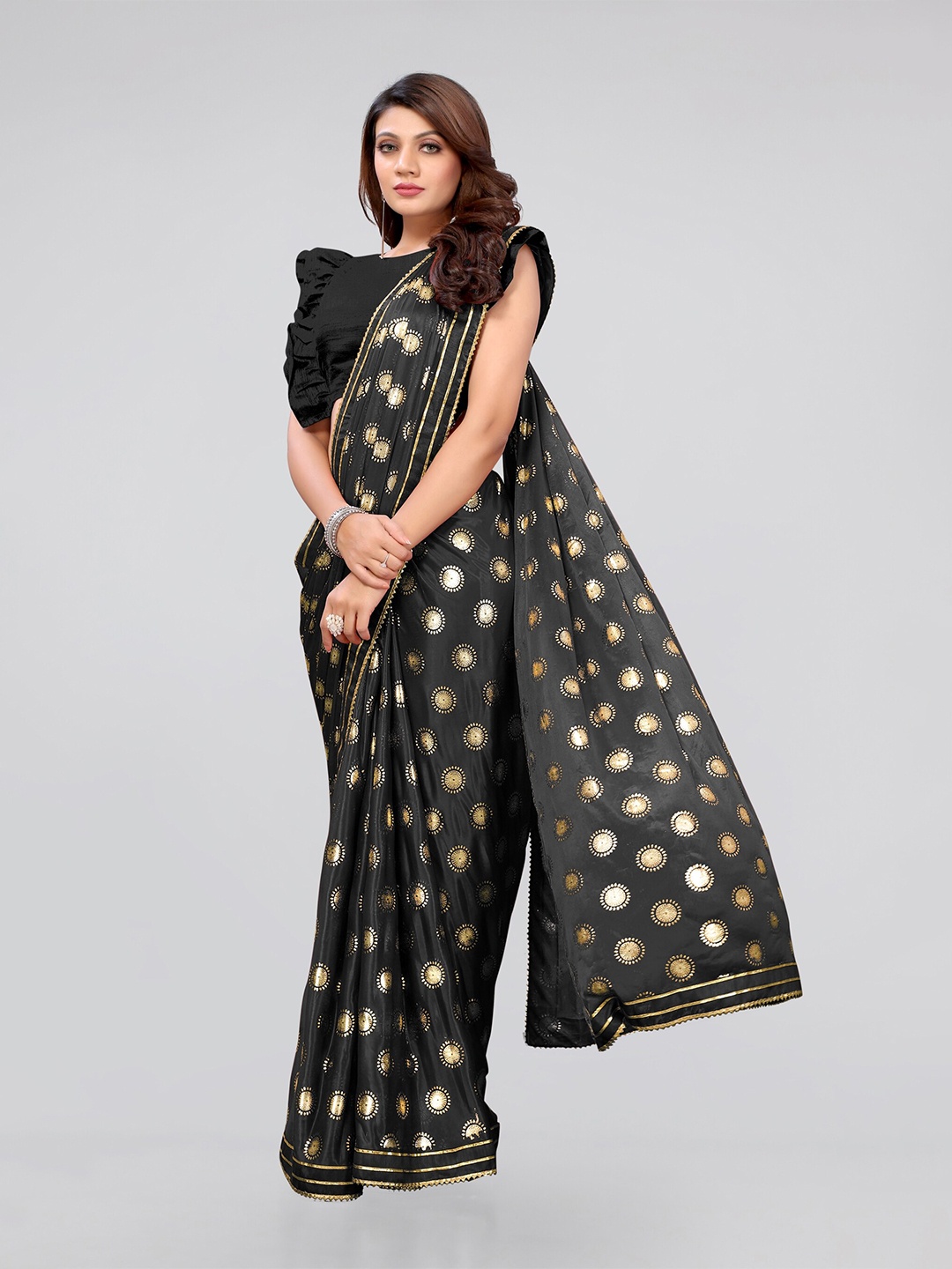 

MIRCHI FASHION Black & Gold-Toned Ethnic Motifs Gotta Patti Saree