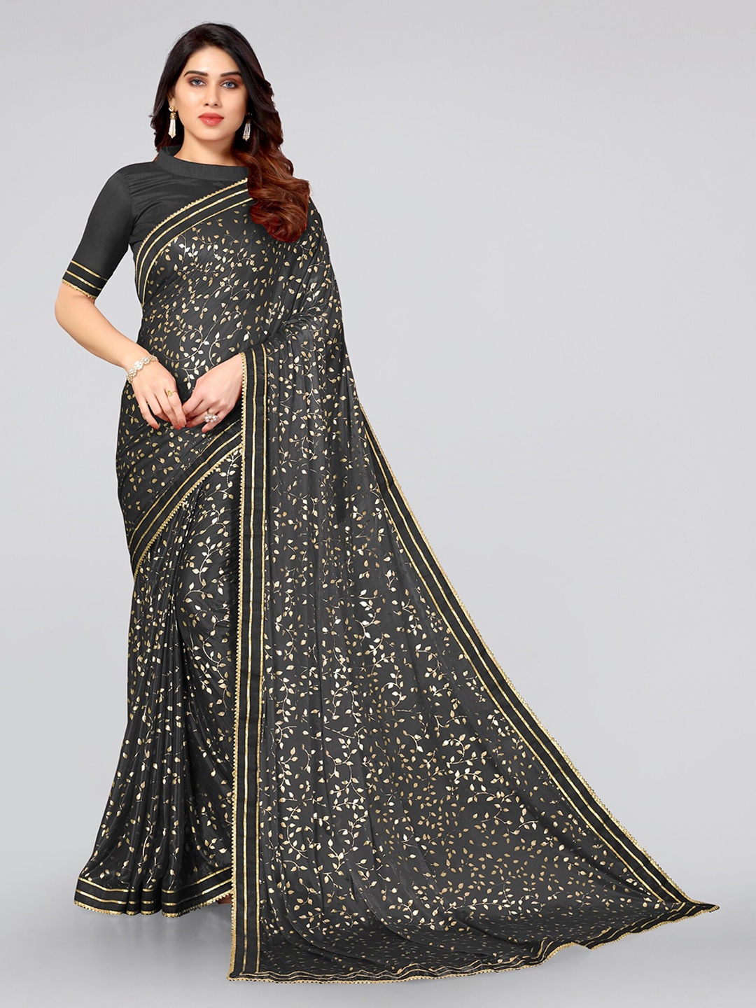 

MIRCHI FASHION Black & Gold-Toned Floral Gotta Patti Saree