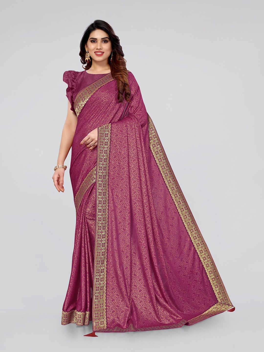 

MIRCHI FASHION Purple & Golden Ethnic Motifs Lycra Saree