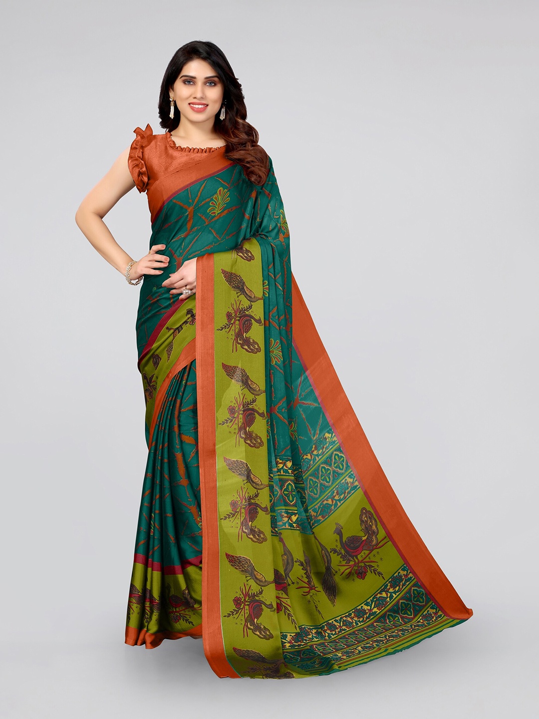 

MIRCHI FASHION Green & Orange Ethnic Motifs Chiffon Saree