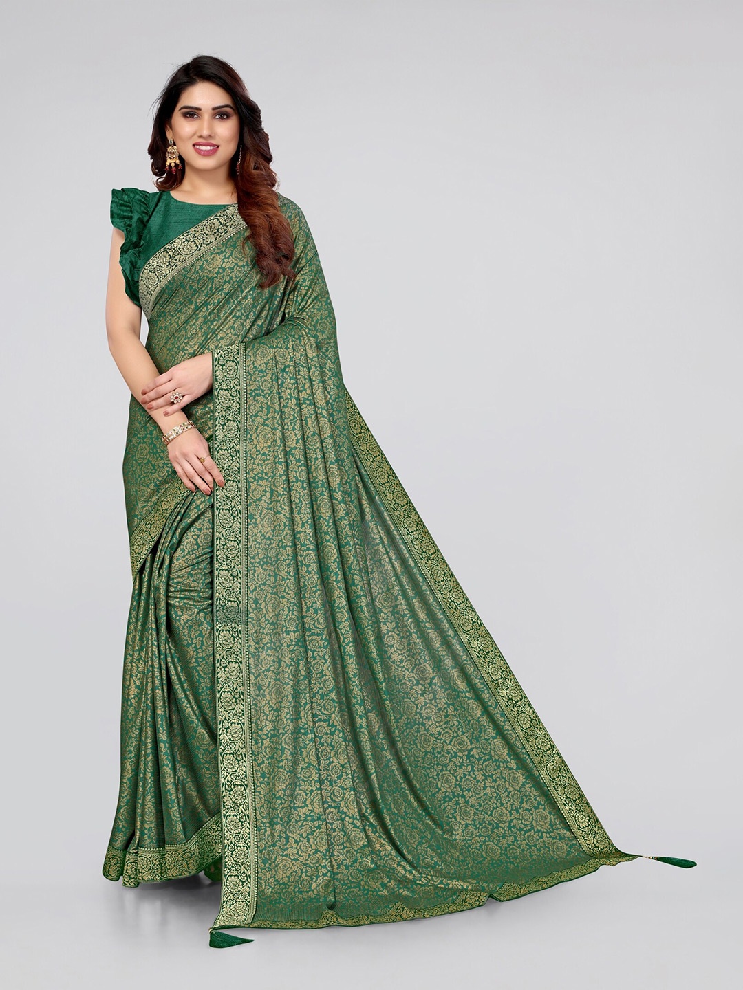 

MIRCHI FASHION Green & Gold-Toned Floral Zari Saree