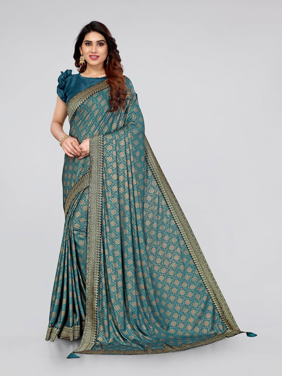 

MIRCHI FASHION Turquoise Blue & Golden Ethnic Motifs Lycra Saree