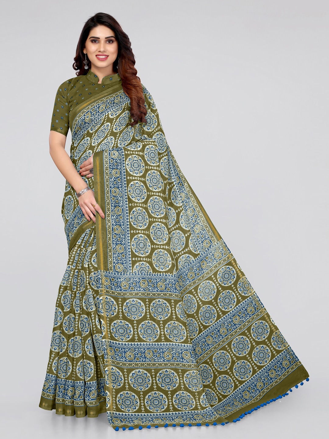 

MIRCHI FASHION Green & Blue Zari Block Print Saree