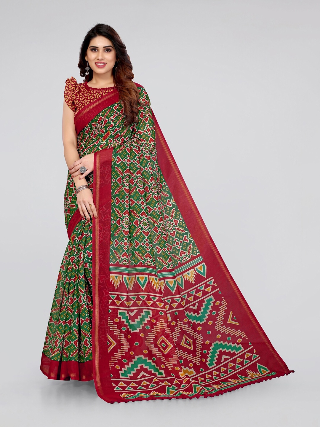 

MIRCHI FASHION Green & Red Ethnic Motifs Zari Ikat Saree