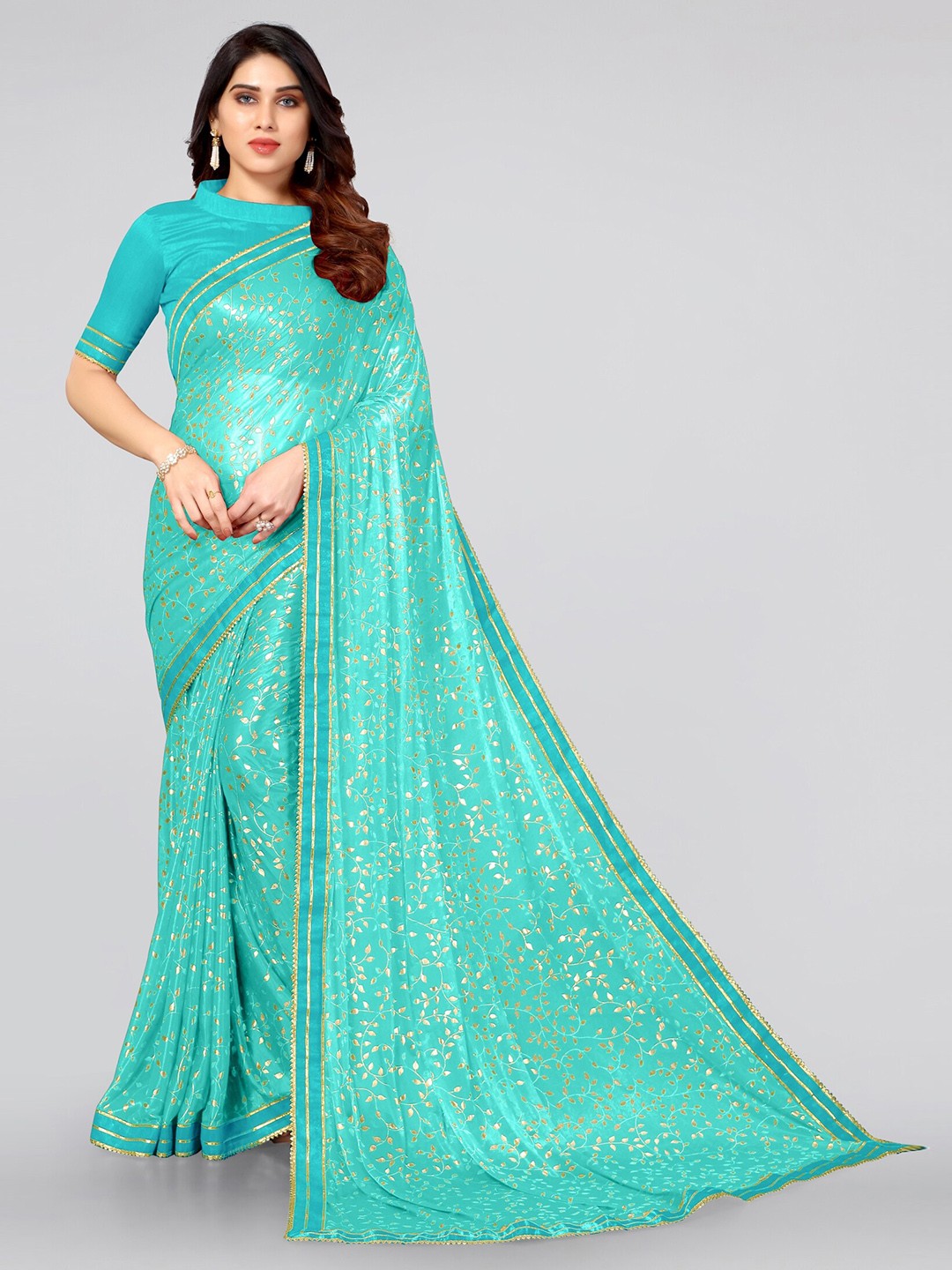 

MIRCHI FASHION Sea Green & Golden Floral Gotta Patti Lycra Saree