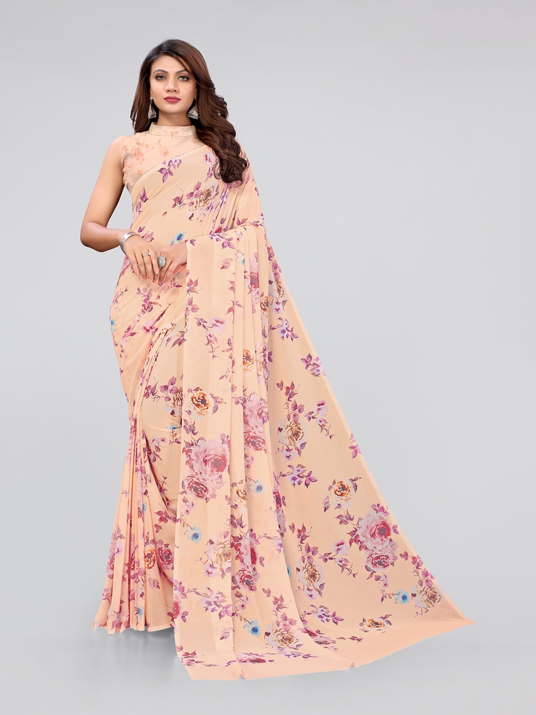 

MIRCHI FASHION Peach-Coloured & Purple Floral Bagh Saree