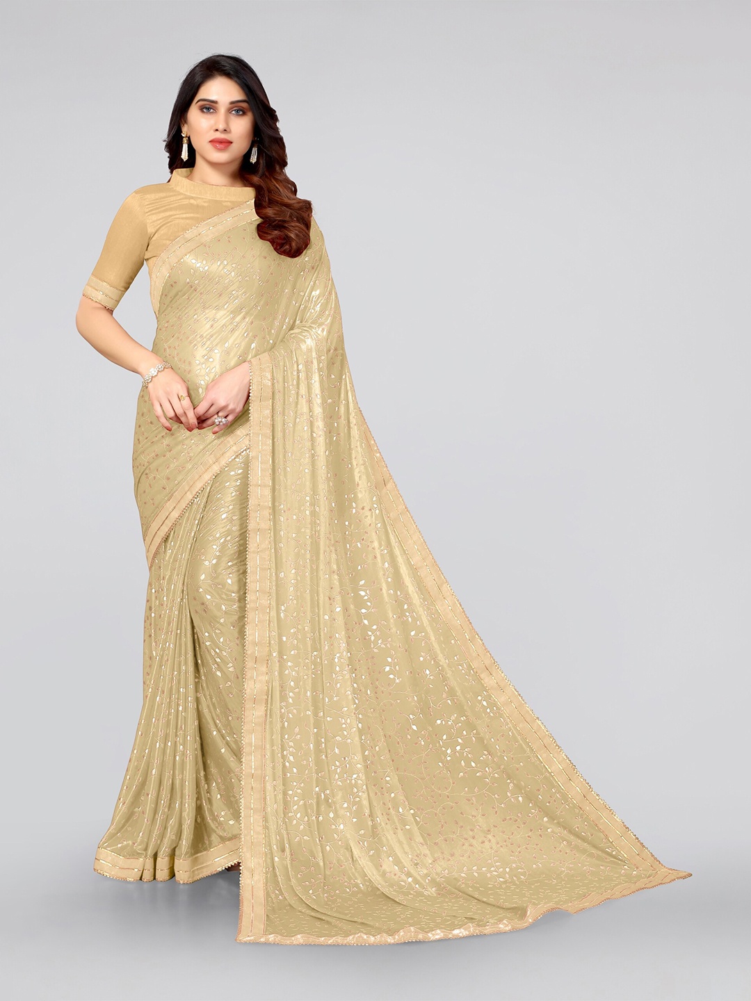 

MIRCHI FASHION Beige & Gold-Toned Floral Gotta Patti Saree