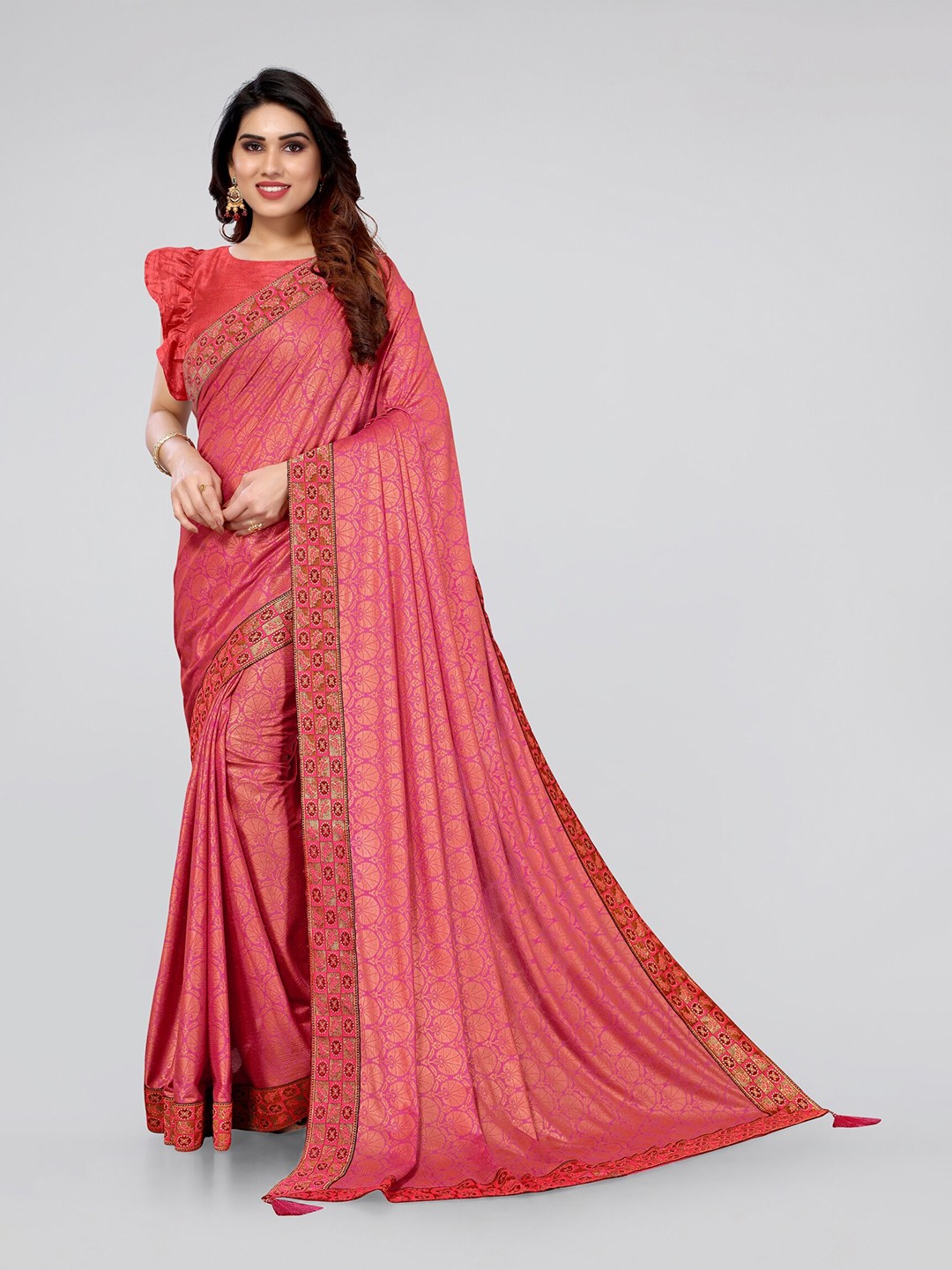 

MIRCHI FASHION Pink & Gold-Toned Ethnic Motifs Zari Saree