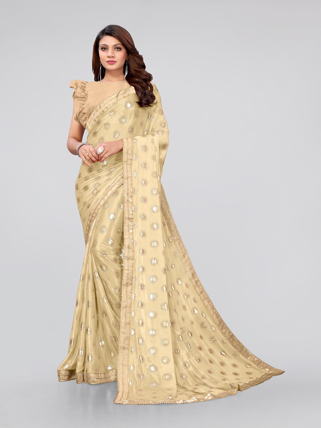 

MIRCHI FASHION Beige & Golden Ethnic Motifs Gotta Patti Lycra Saree