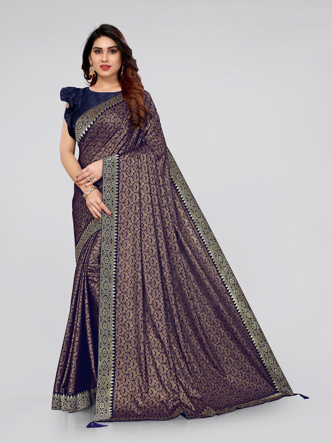 

MIRCHI FASHION Navy Blue & Gold-Toned Ethnic Motifs Zari Saree