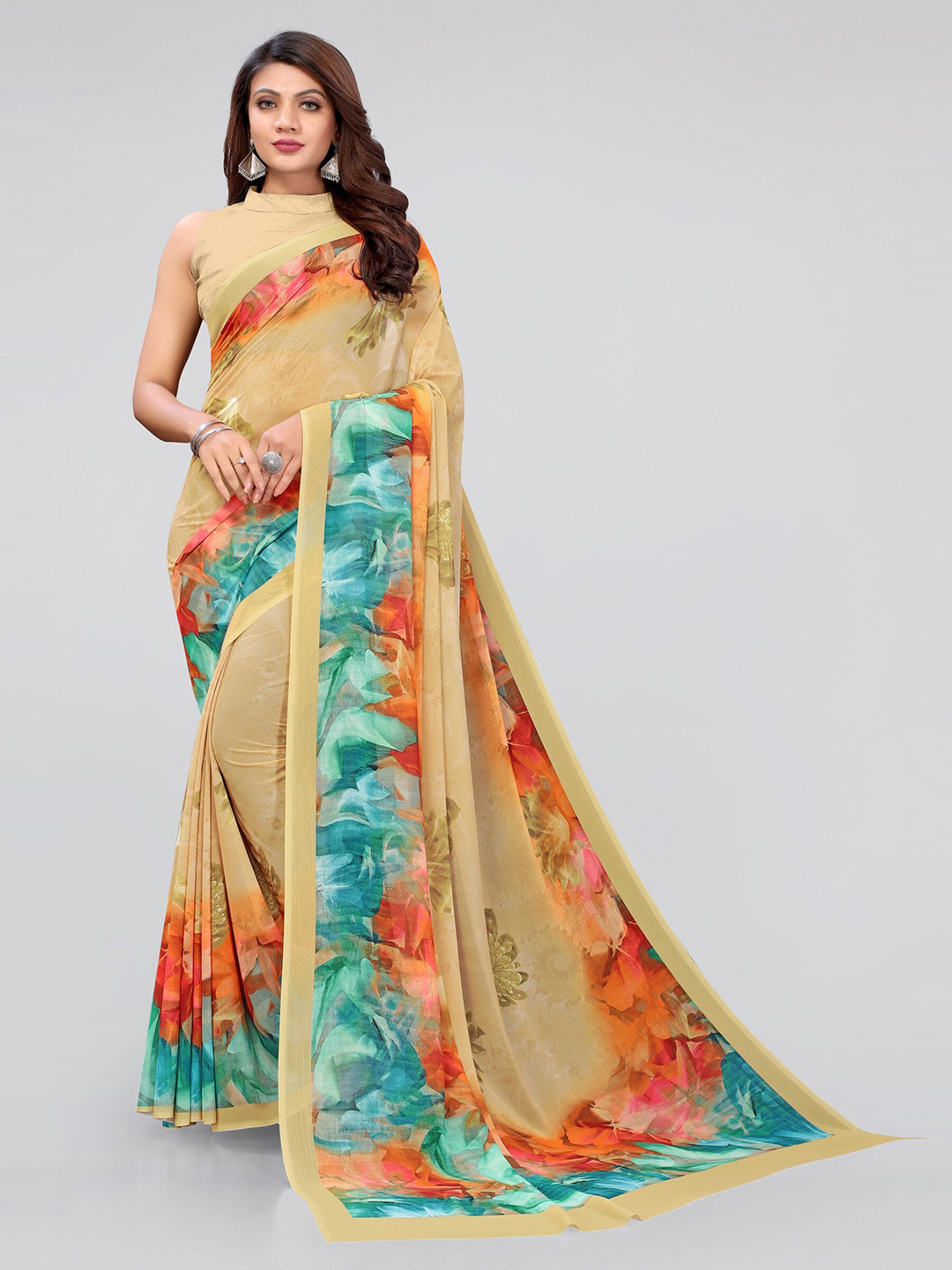

MIRCHI FASHION Beige & Teal Floral Bagh Saree