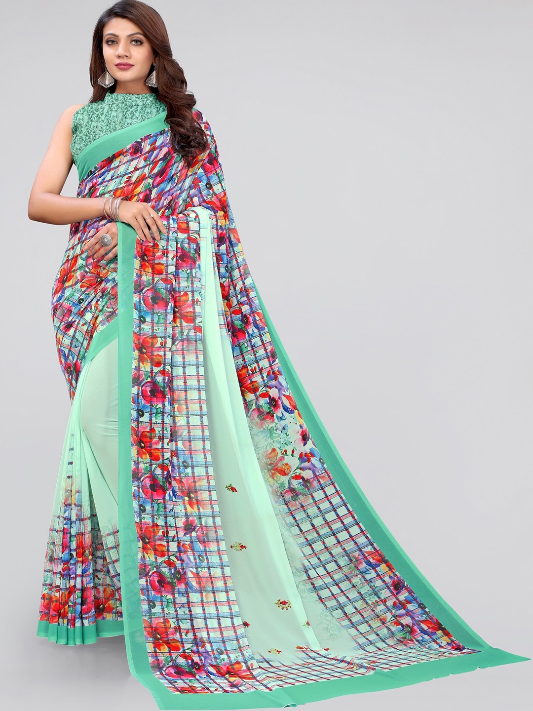

MIRCHI FASHION Green & Red Checked Bagh Saree