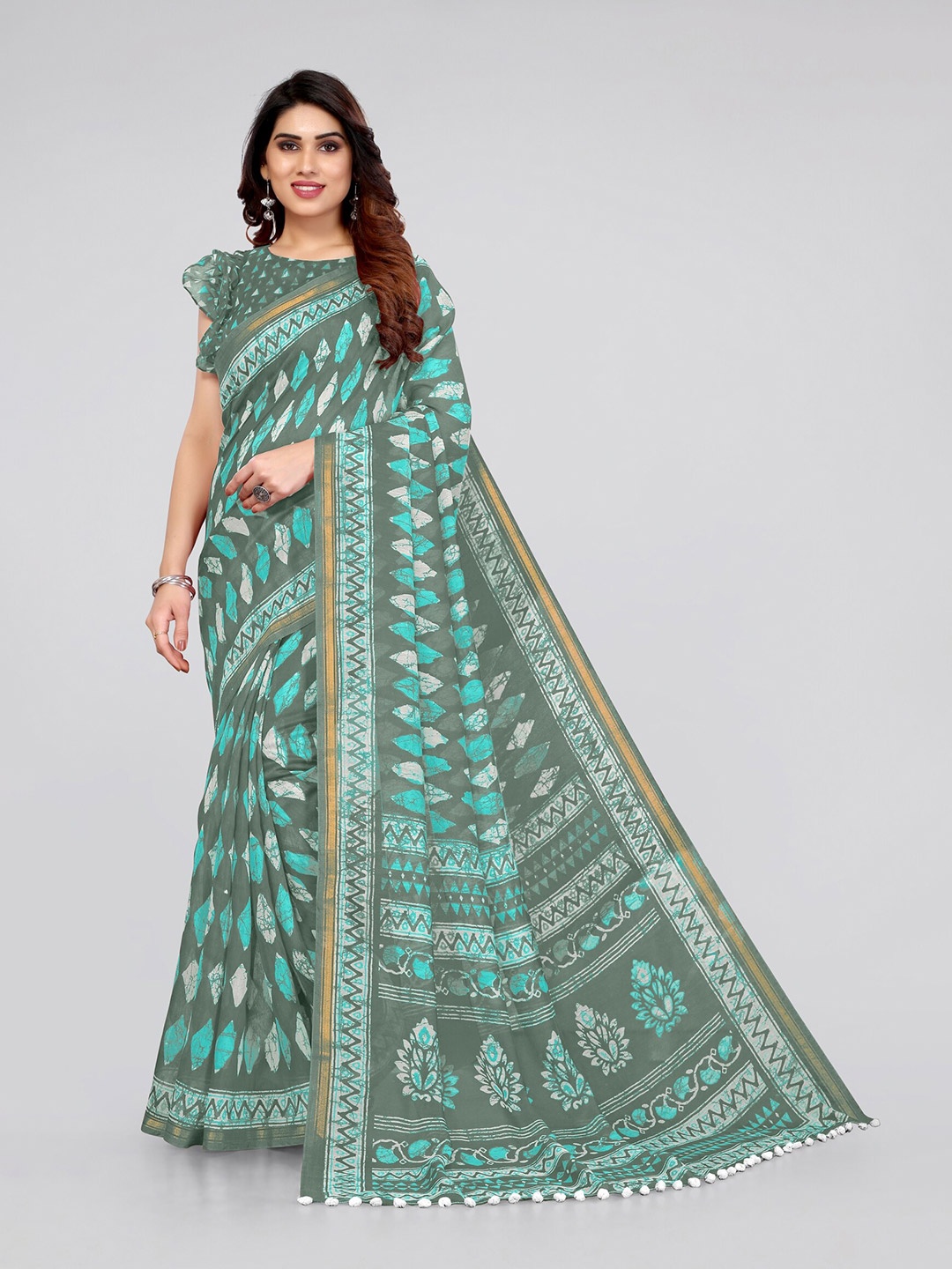 

MIRCHI FASHION Green Batik Block Print Saree