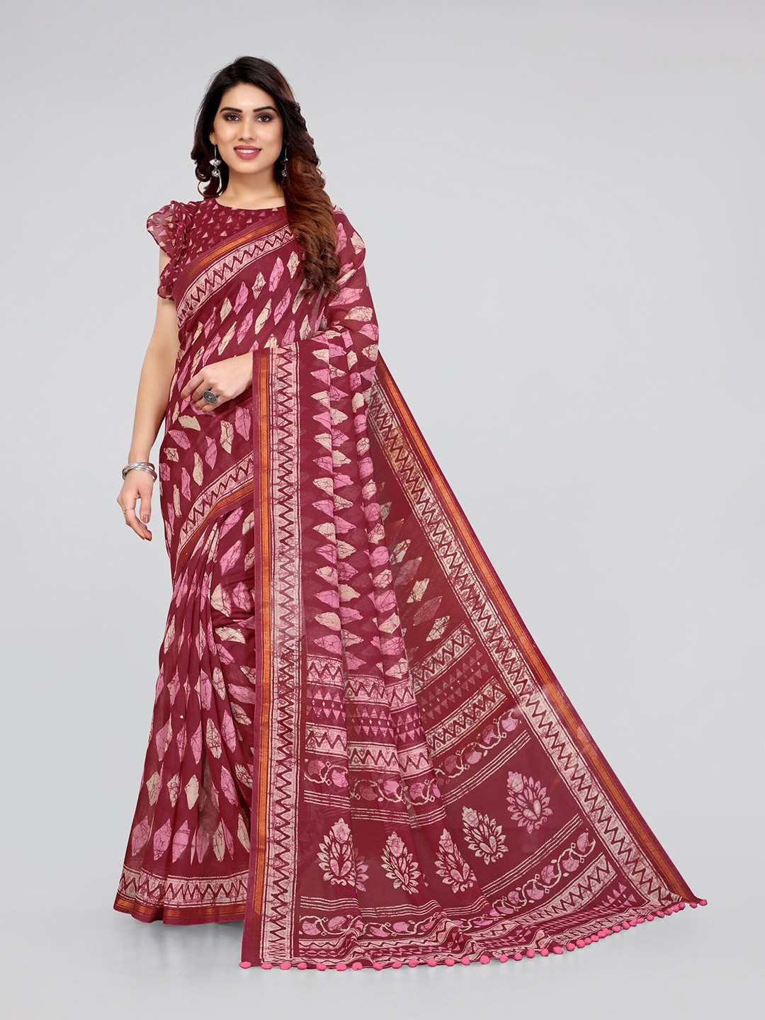 

MIRCHI FASHION Burgundy & Pink Printed Cotton Saree