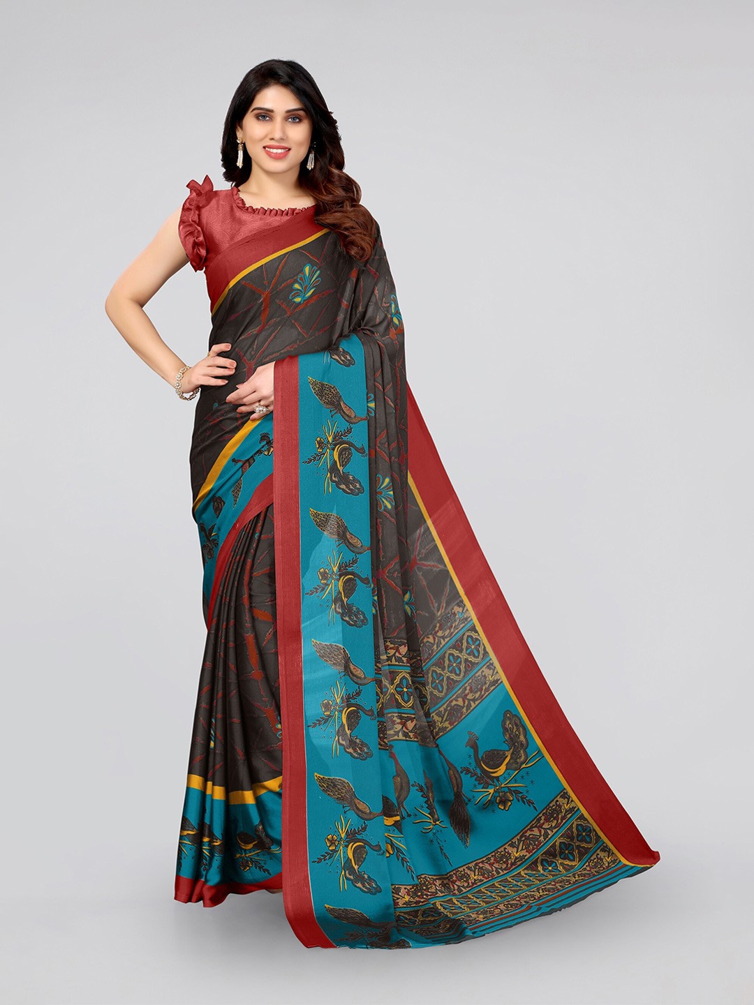 

MIRCHI FASHION Black & Turquoise Blue Ethnic Motifs Baluchari Saree