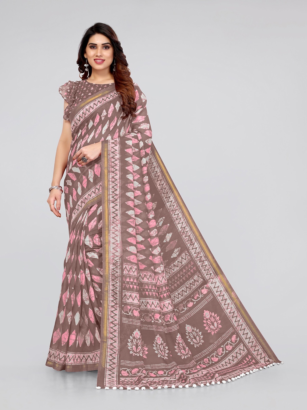 

MIRCHI FASHION Taupe & Pink Batik Block Print Saree