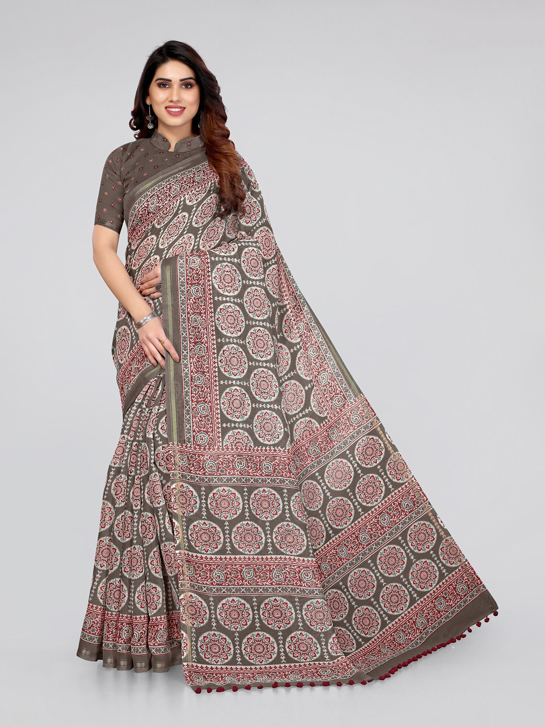 

MIRCHI FASHION Coffee Brown & Red Zari Block Print Saree