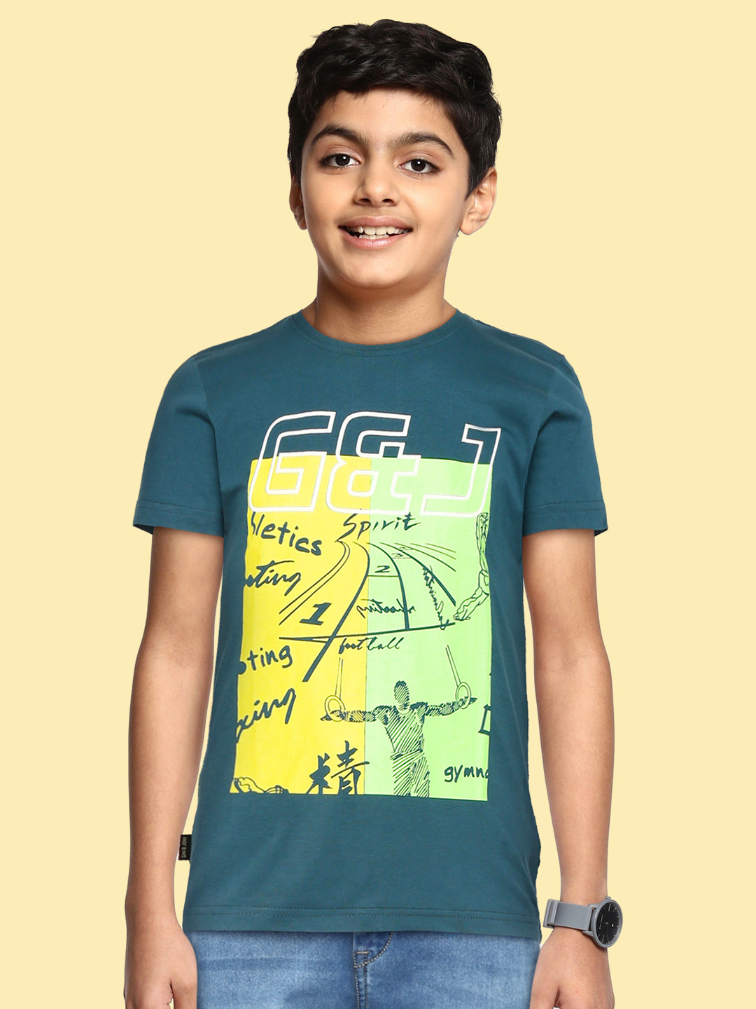 

Gini and Jony Boys Teal & Yellow Pure Cotton Graphic Printed T-shirt
