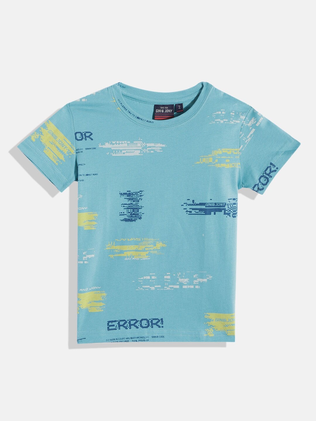 

Gini and Jony Boys Turquoise Blue & Yellow Printed Pure Cotton T-shirt