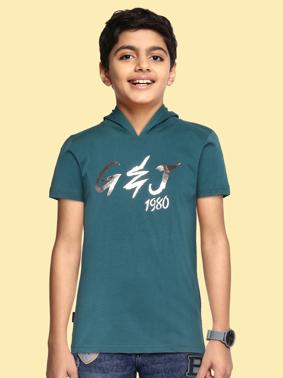

Gini and Jony Boys Teal & Silver-Toned Pure Cotton Typography Printed T-shirt