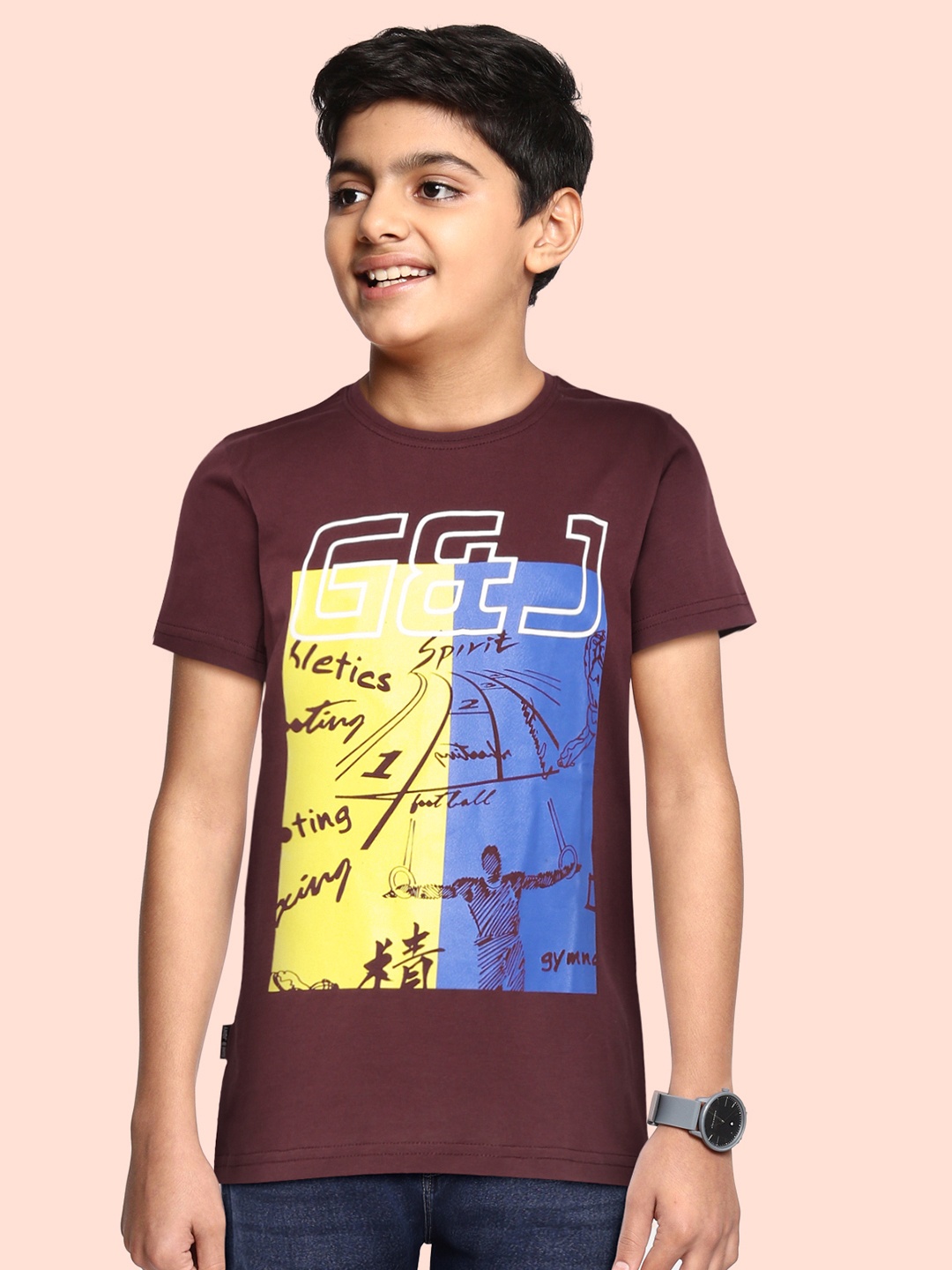 

Gini and Jony Boys Burgundy & Blue Printed Pure Cotton T-shirt