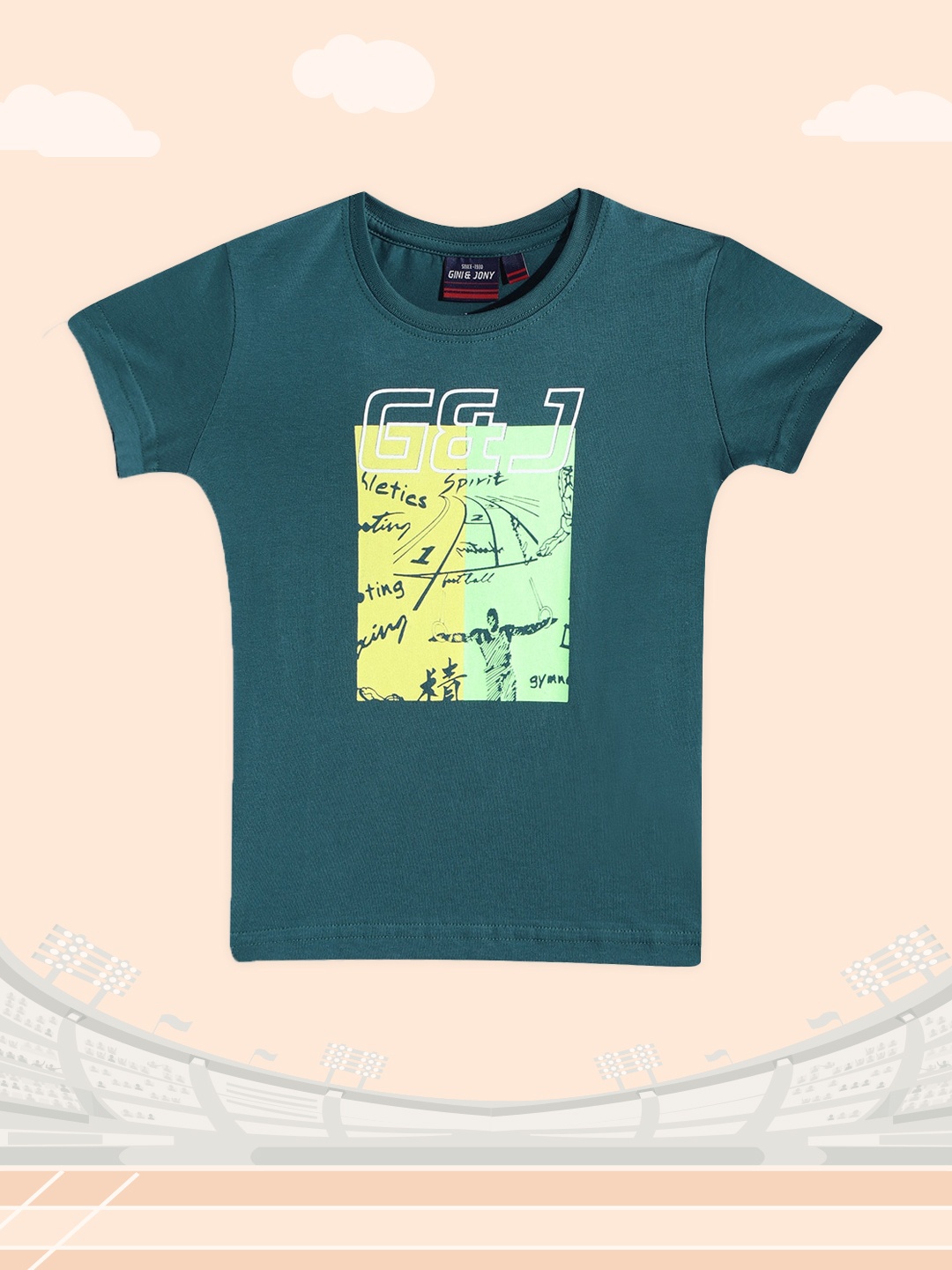 

Gini and Jony Boys Green & Yellow Brand Logo Printed Pure Cotton T-shirt