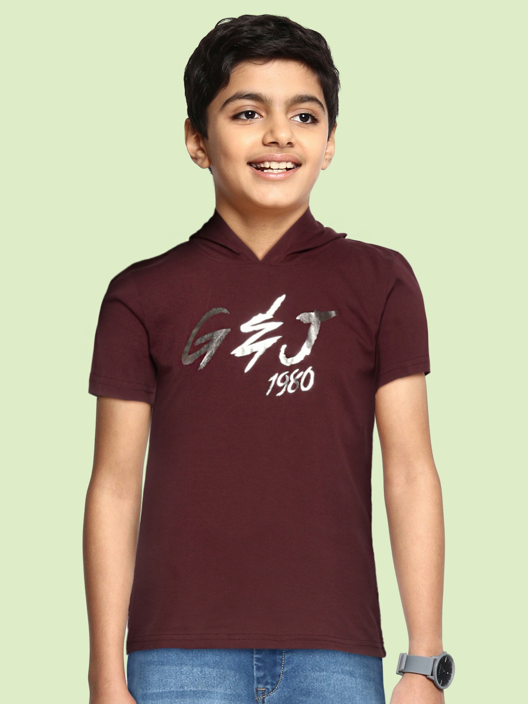 

Gini and Jony Boys Maroon & Gunmetal-Toned Brand Logo Print Hooded Pure Cotton T-shirt