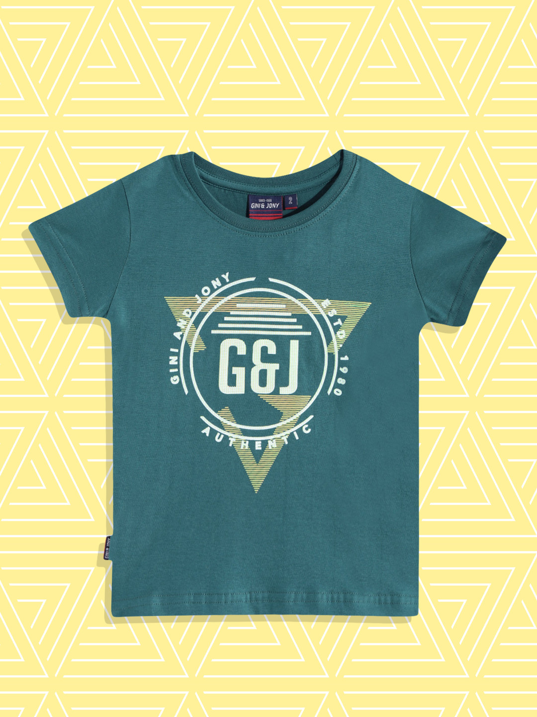 

Gini and Jony Boys Green & Yellow Brand Logo Printed Pure Cotton T-shirt