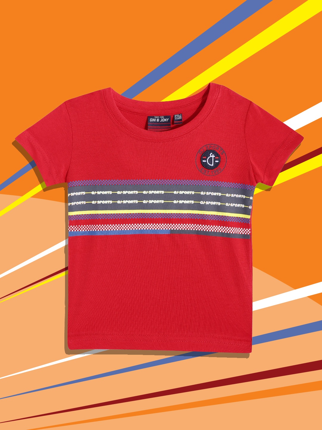 

Gini and Jony Boys Red & Charcoal Grey Printed Pure Cotton T-shirt