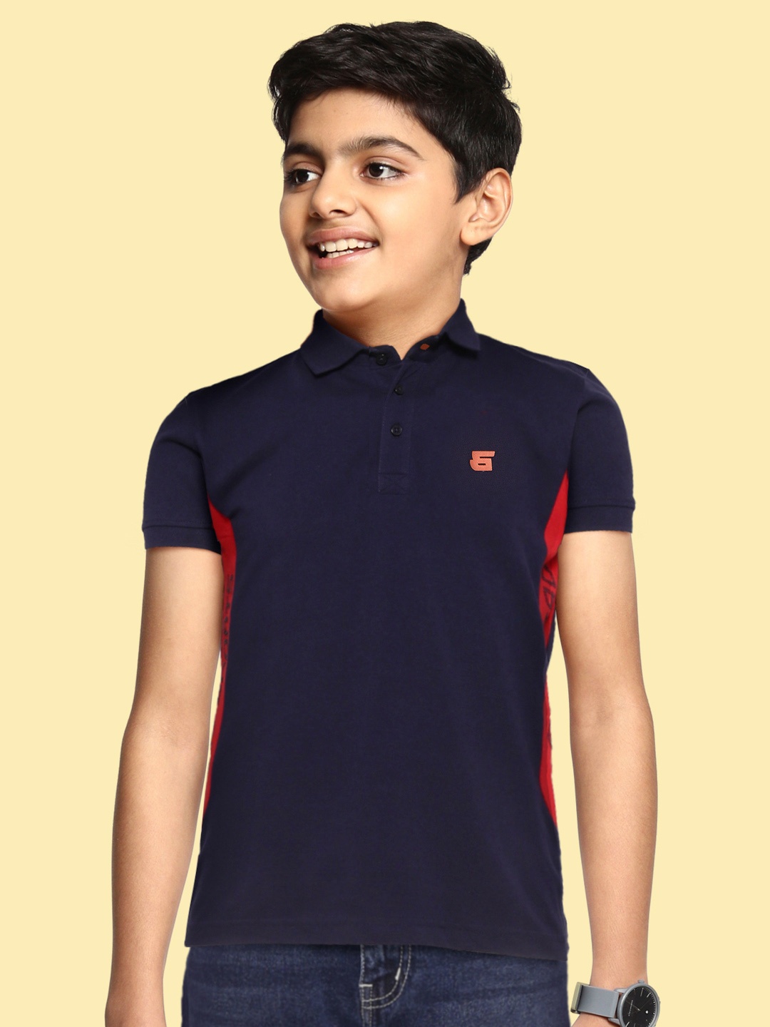 

Gini and Jony Boys Navy Blue & Red Polo Collar Pure Cotton T-shirt