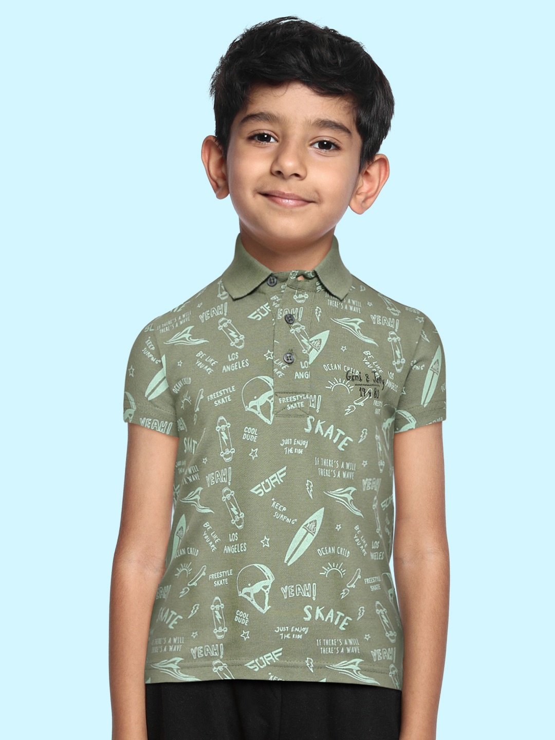

Gini and Jony Boys Green Printed Polo Collar Pure Cotton T-shirt