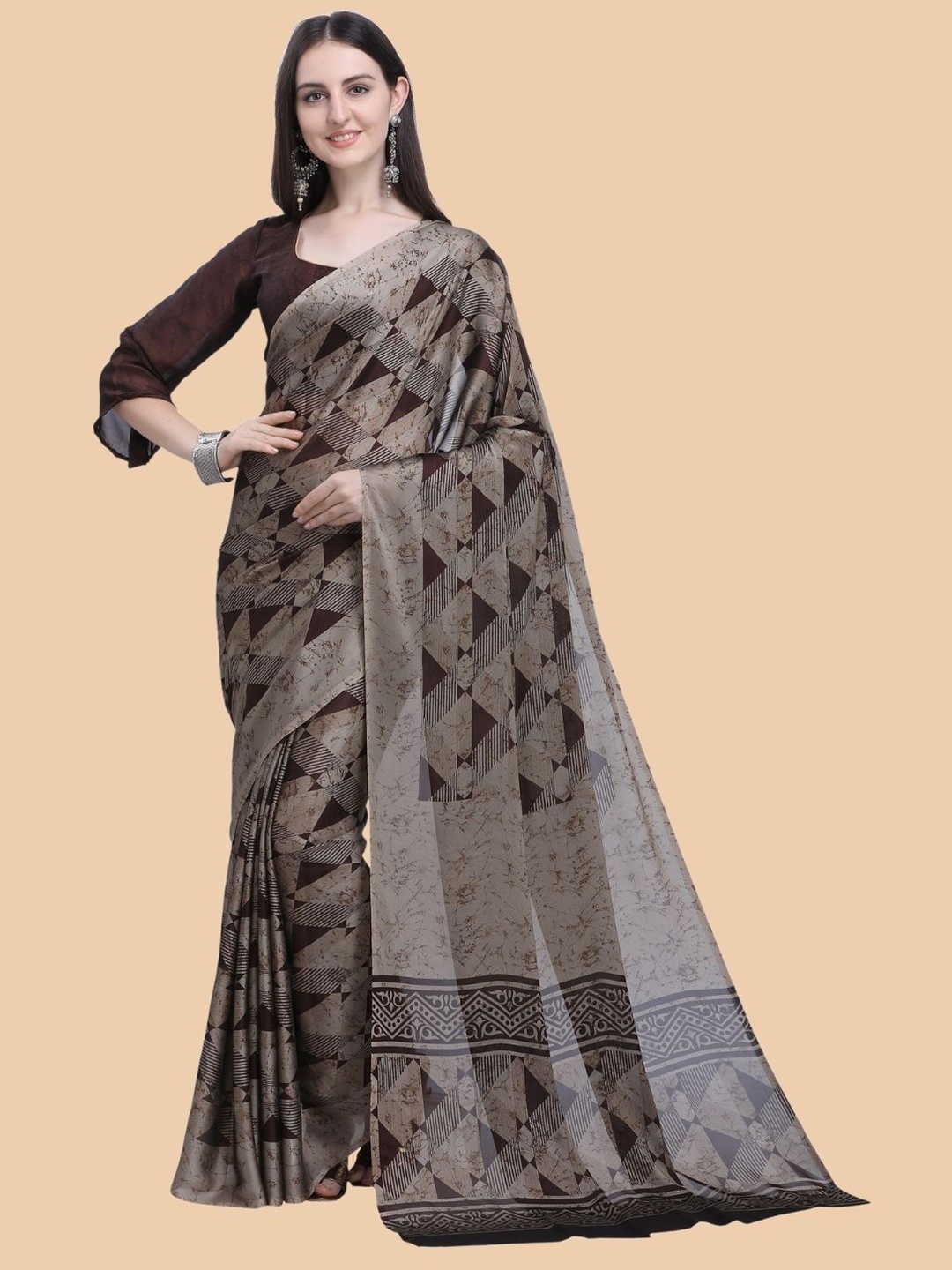 

KALINI Brown & Grey Silk Blend Saree