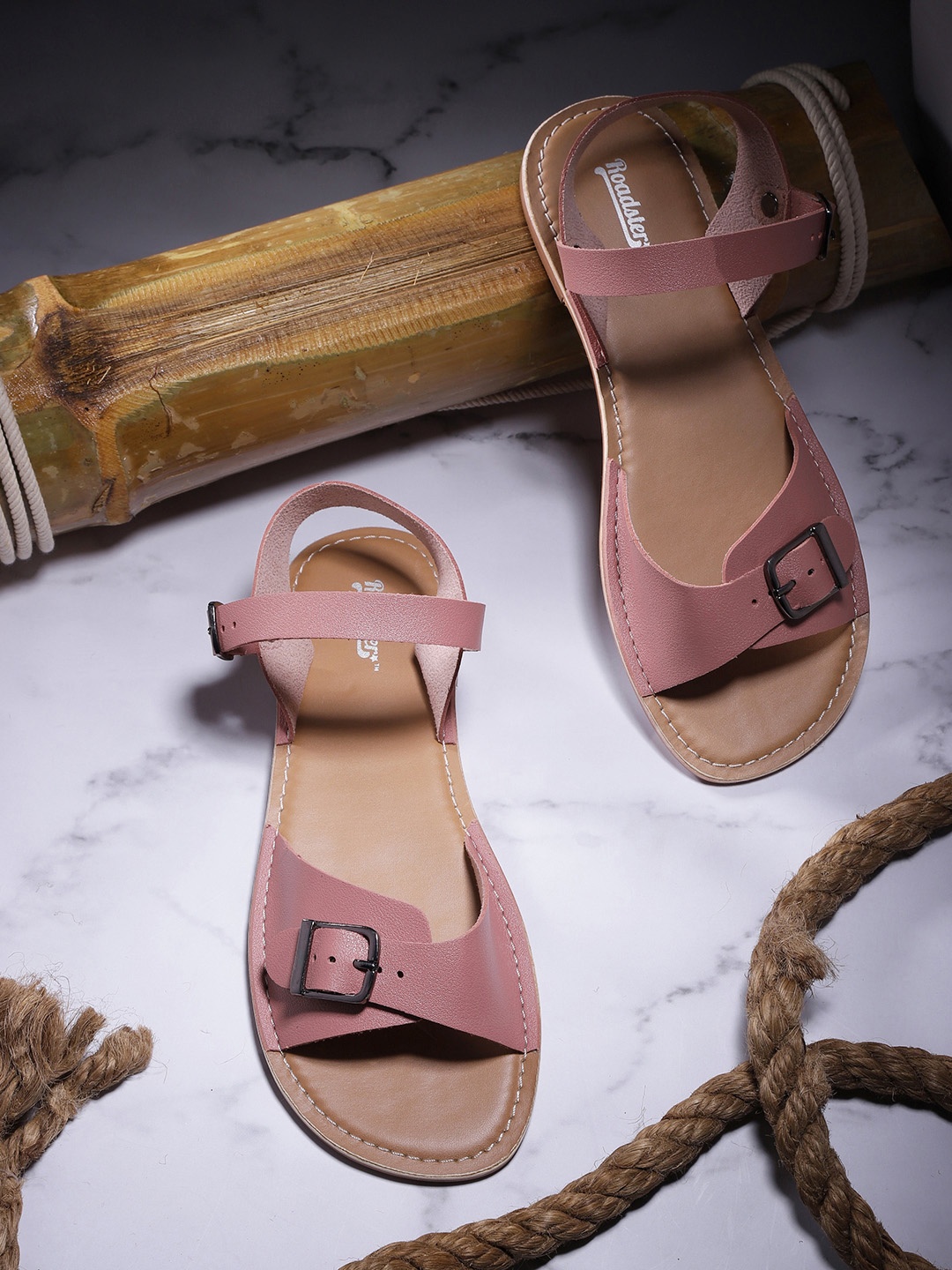 

Roadster Women Dusty Pink Solid Open Toe Flats with Buckles, Rose