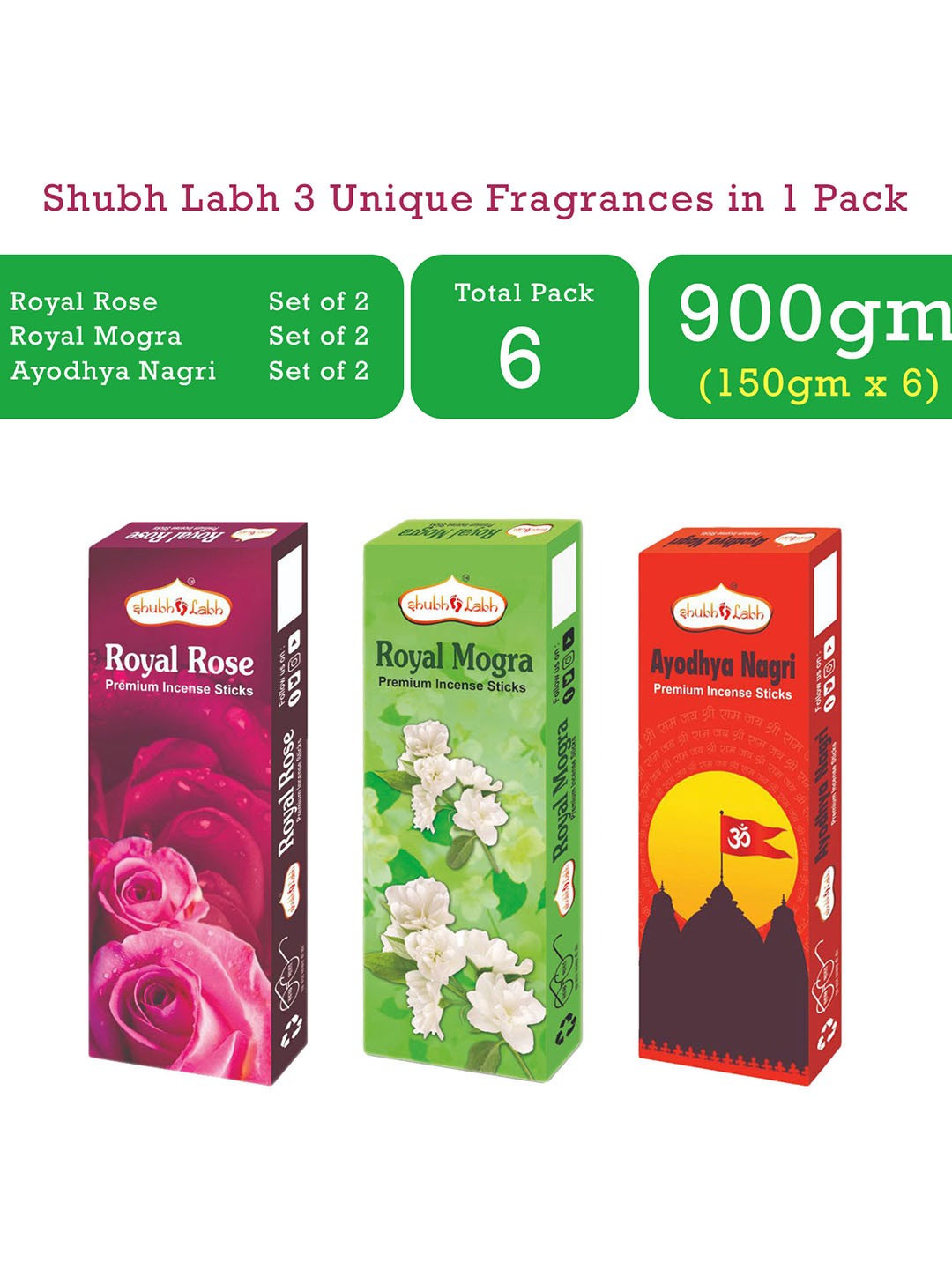 

Shubh Labh Pack Of 3 Unique Fragrances Incense Sticks, Green