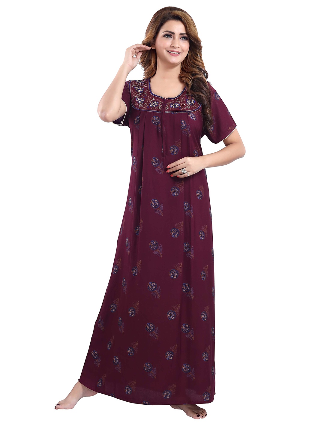 

9shines Label Maroon Embroidered Maxi Nightdress