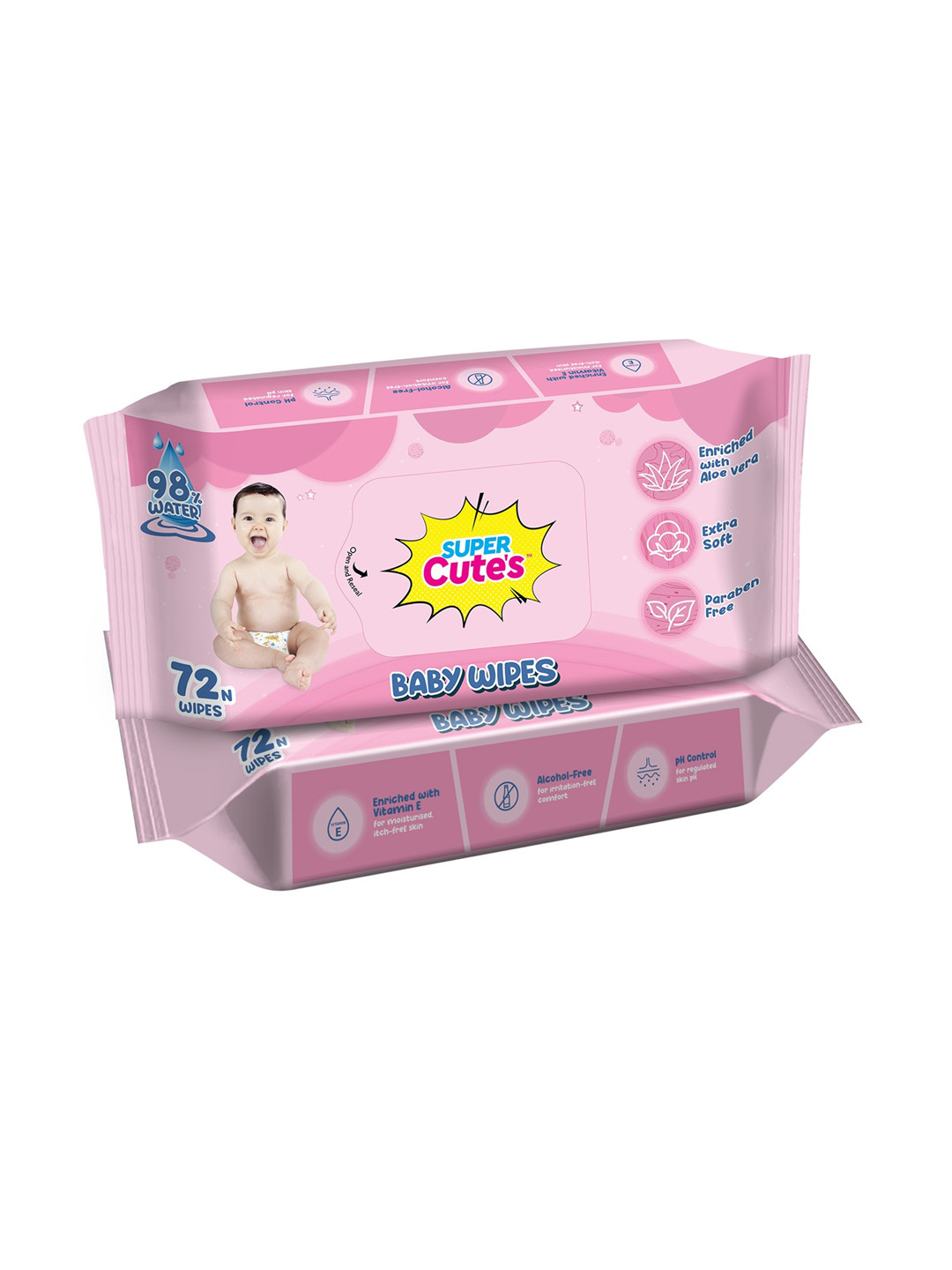 

Super Cutes Kids Set of 2 Soft Cleansing Baby Wipes with Aloe Vera - 72 Wipes each, Pink