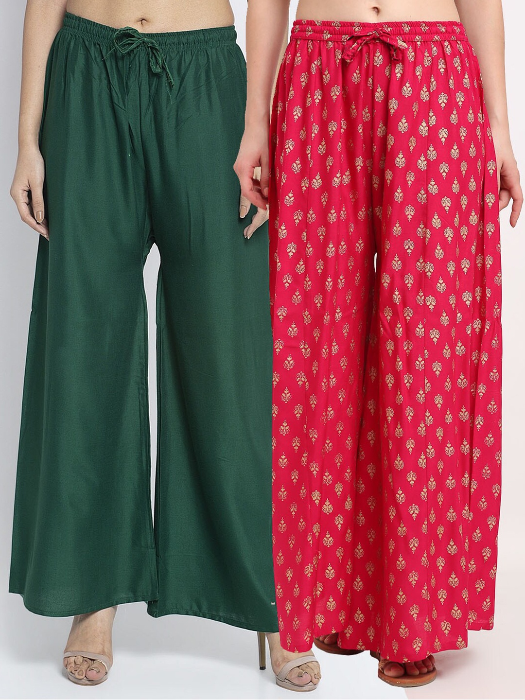 

Jinfo Women Pack of 2 Printed Flared Knitted Ethnic Palazzos, Green