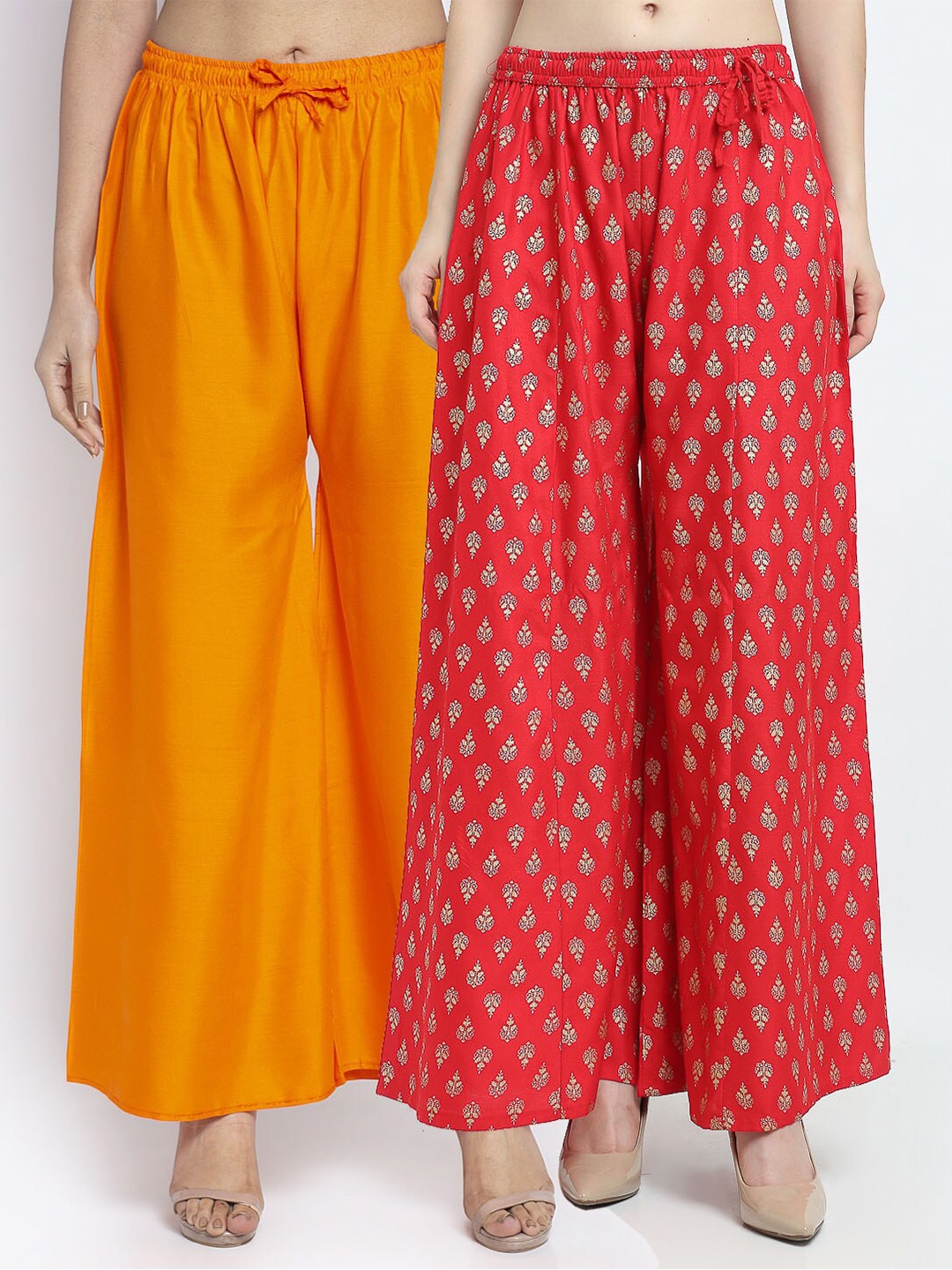

Jinfo Women Orange & Red Set Of 2 Printed Flared Knitted Palazzos