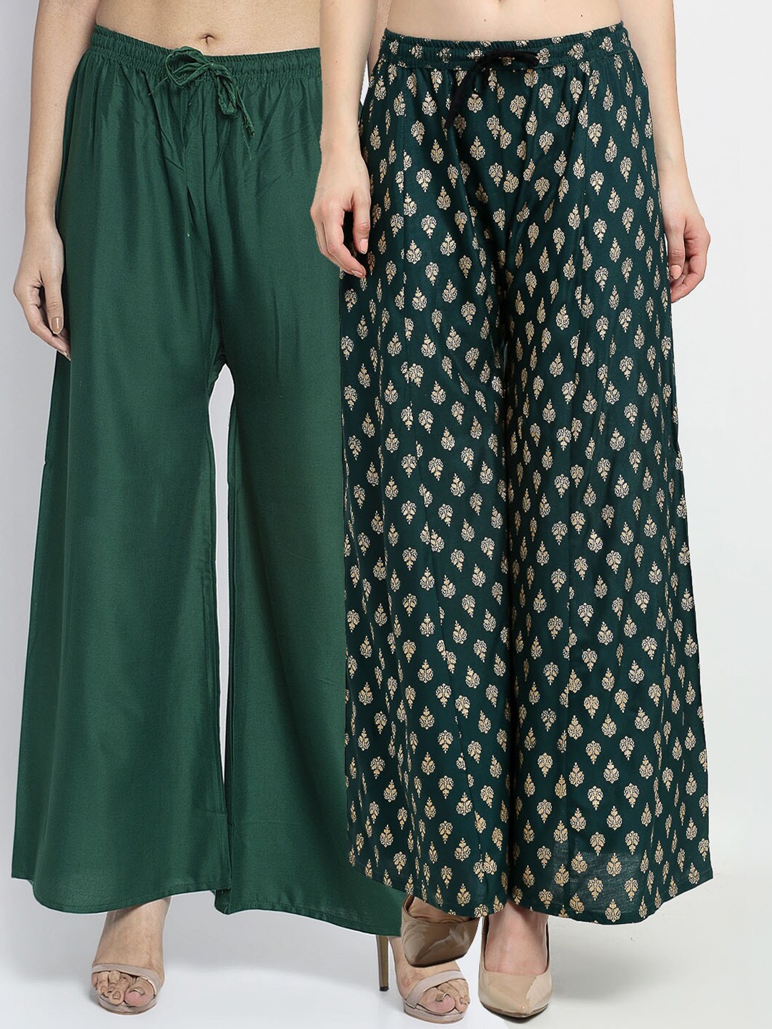 

Jinfo Women Pack of 2 Ethnic Motifs Printed Flared Ethnic Palazzos, Green