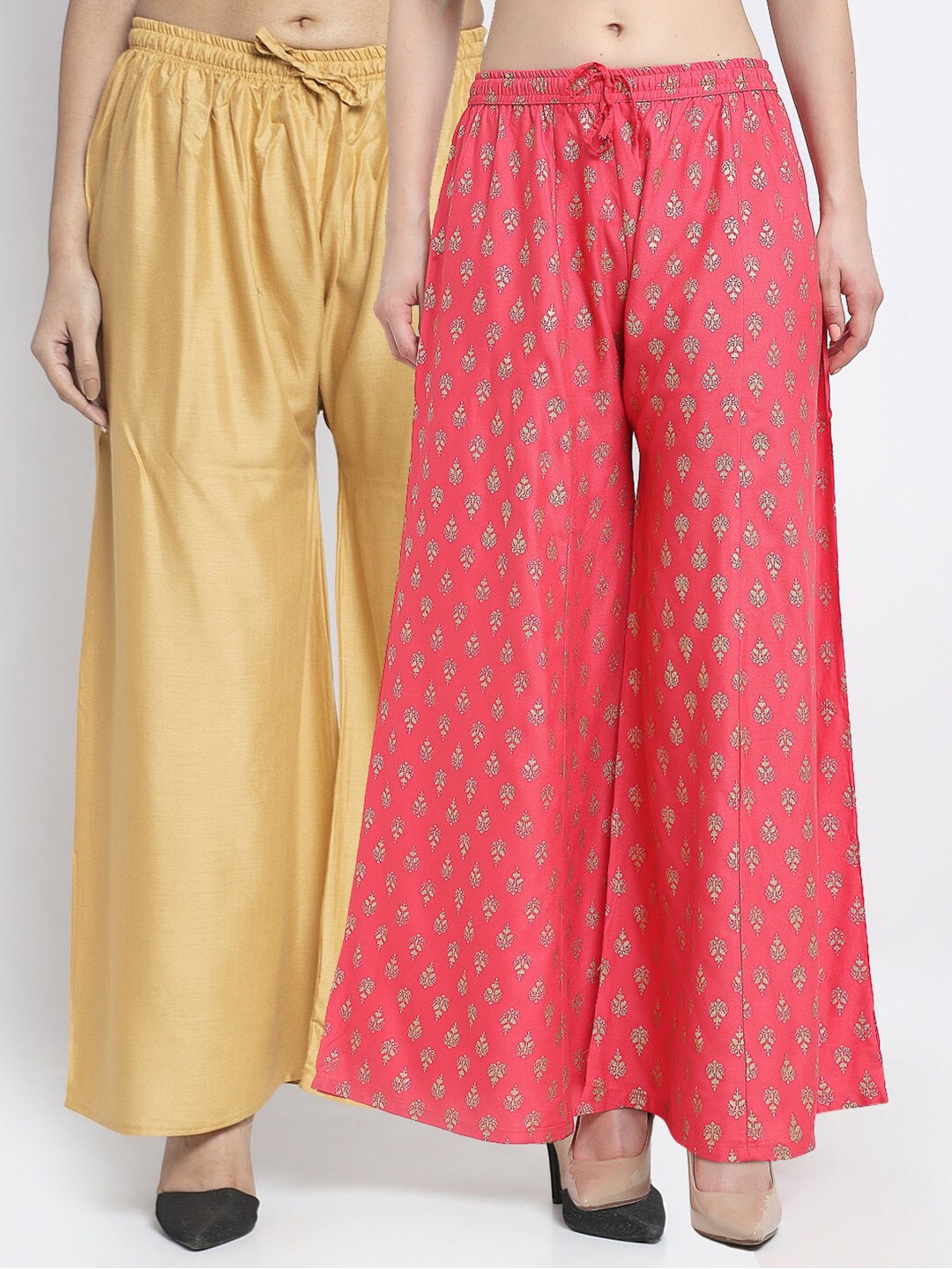 

Jinfo Women Beige & Pink 2 Flared Knitted Ethnic Palazzos