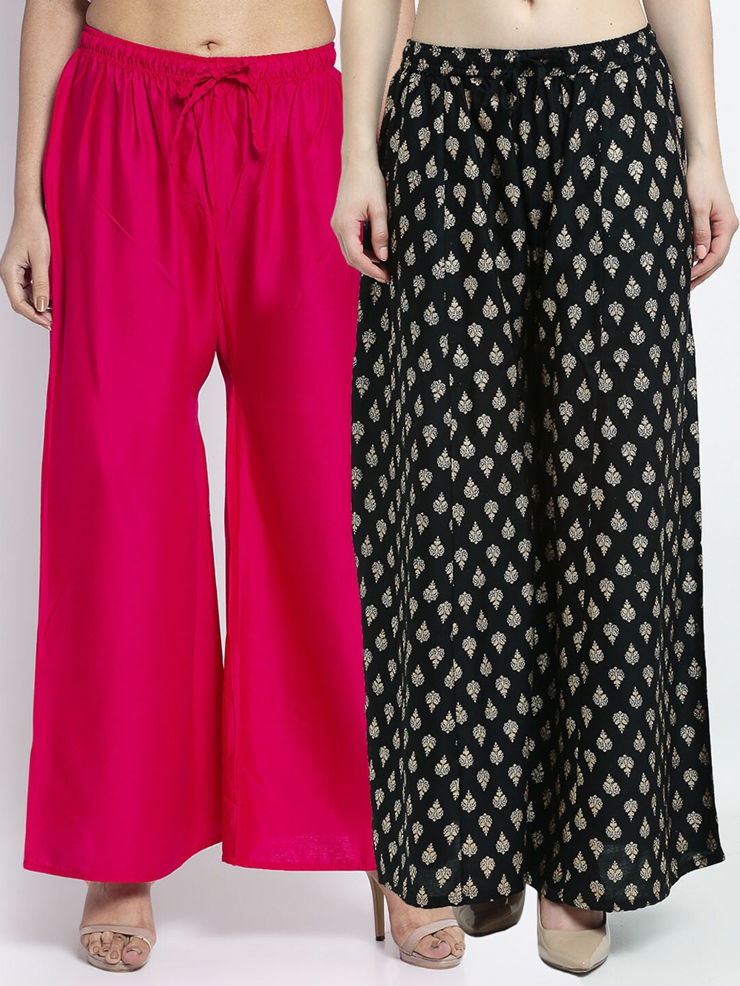

Jinfo Women Pink & Black Set Of 2 Floral Printed Flared Knitted Ethnic Palazzos