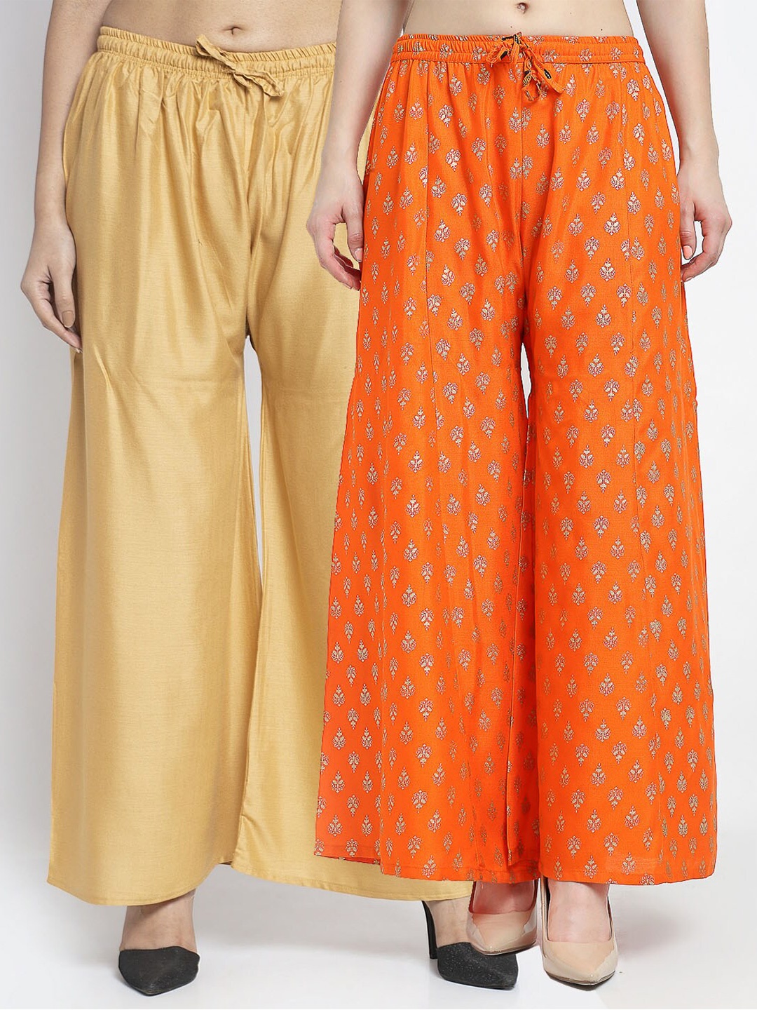 

Jinfo Women Pack of 2 Ethnic Motifs Printed Flared Knitted Ethnic Palazzos, Beige