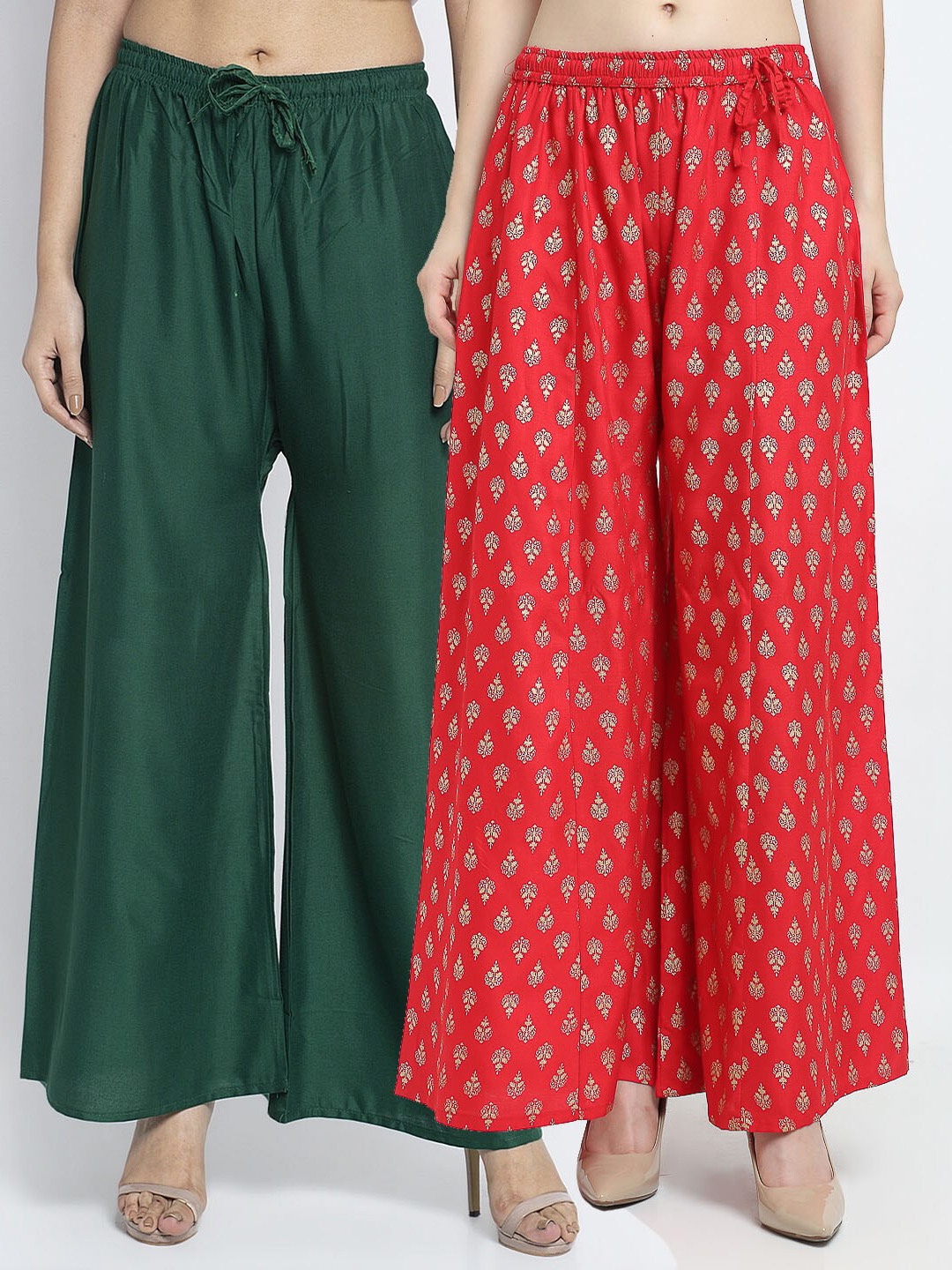 

Jinfo Women Green & Red 2 Flared Knitted Ethnic Palazzos