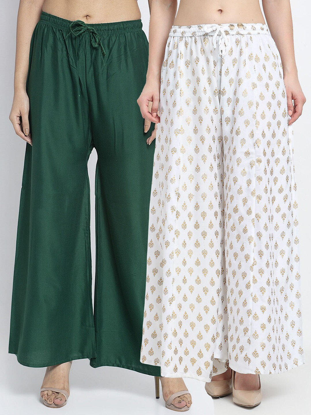 

Jinfo Women Green & White Set Of 2 Printed Flared Knitted Ethnic Palazzos