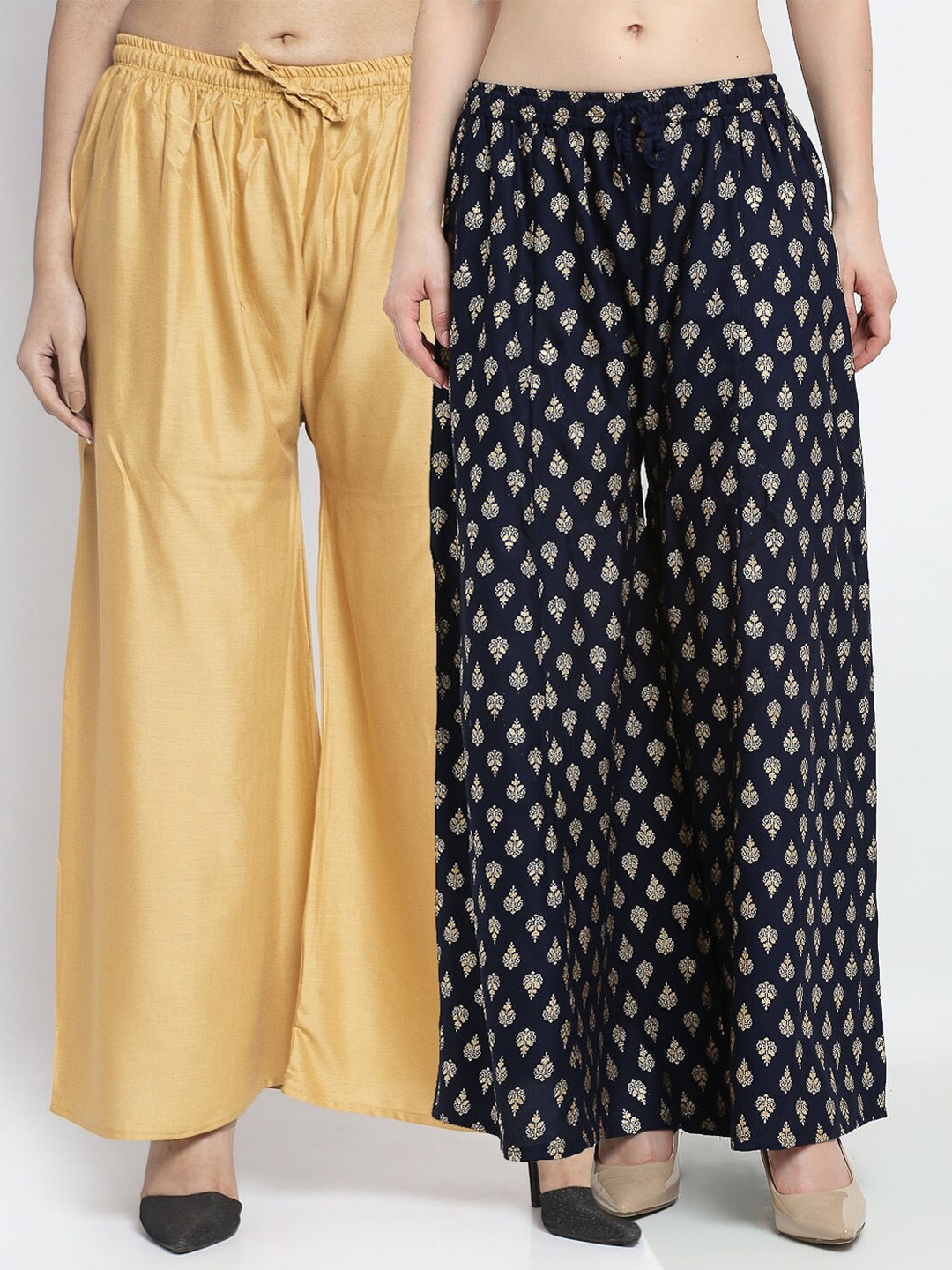

Jinfo Women Beige & Navy Blue 2 Flared Knitted Ethnic Palazzos