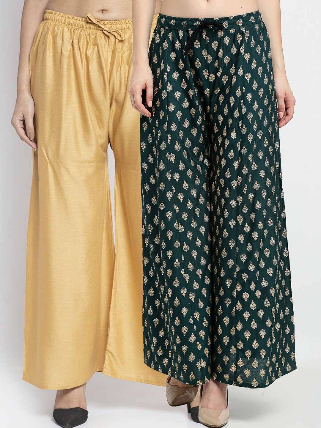 

Jinfo Women Beige & Green Set of 2 Flared Ethnic Palazzos